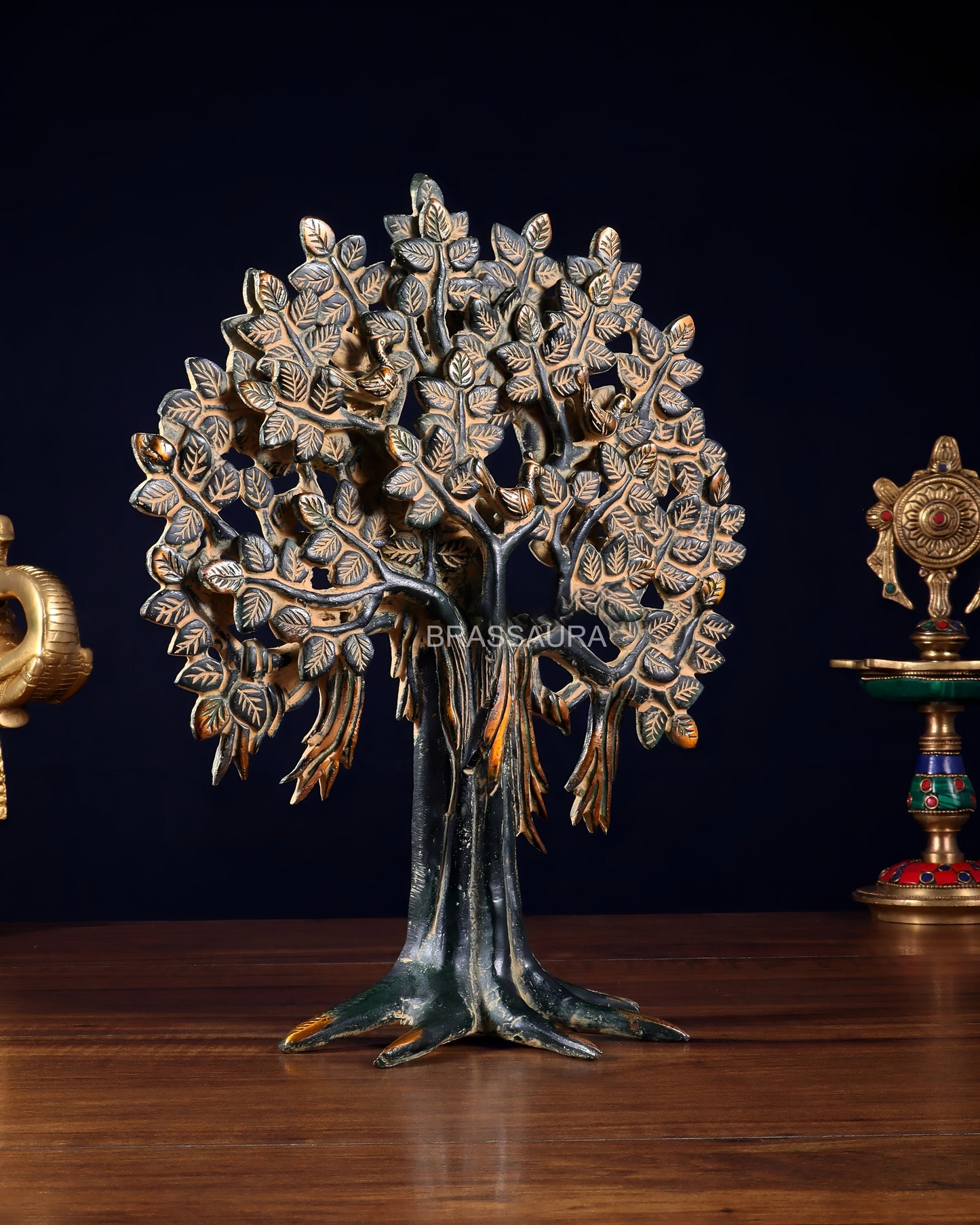 Brassaura™ Pure Brass Handcrafted Kalpavriksha Tree with Vintage Sand Patina | Tabletop Tree of Life Showpiece | Weight 1.8 Kgs | Height 11 Inches