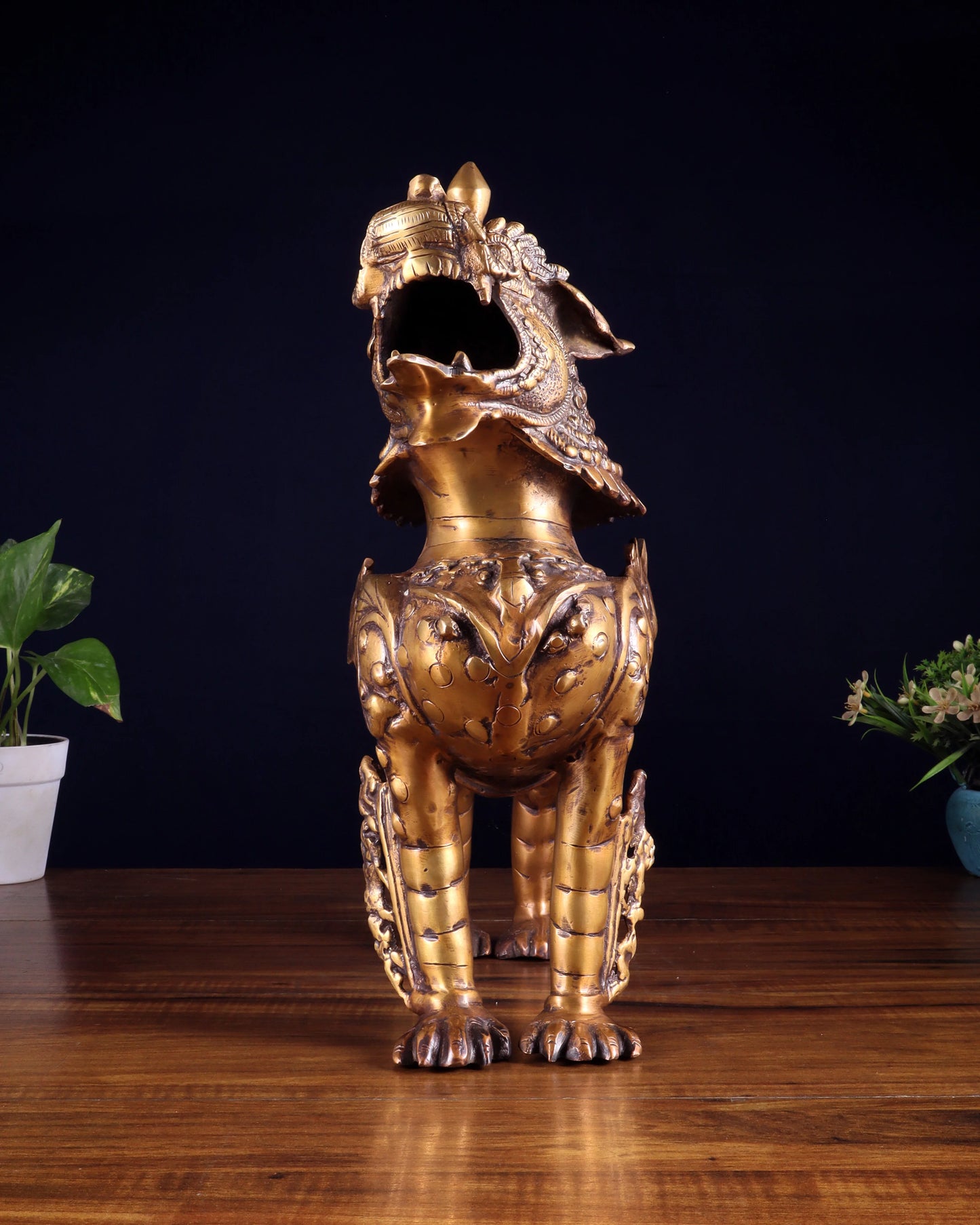 Brassaura™ Solid Brass Tibetan Lion Statue | Handcrafted Himalayan Heritage Art | Weight 20 Kgs | Height 14.5 Inches