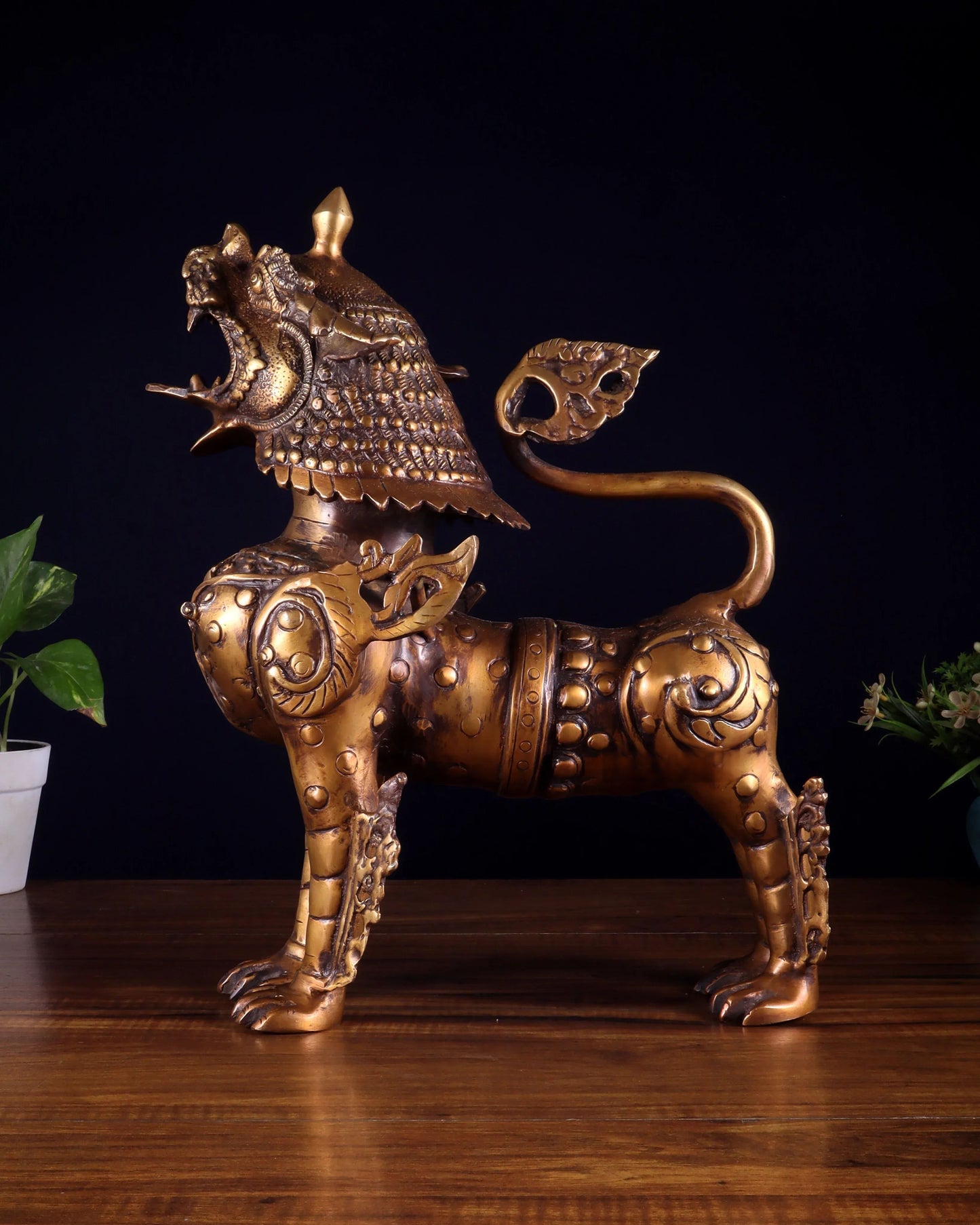 Brassaura™ Solid Brass Tibetan Lion Statue | Handcrafted Himalayan Heritage Art | Weight 20 Kgs | Height 14.5 Inches