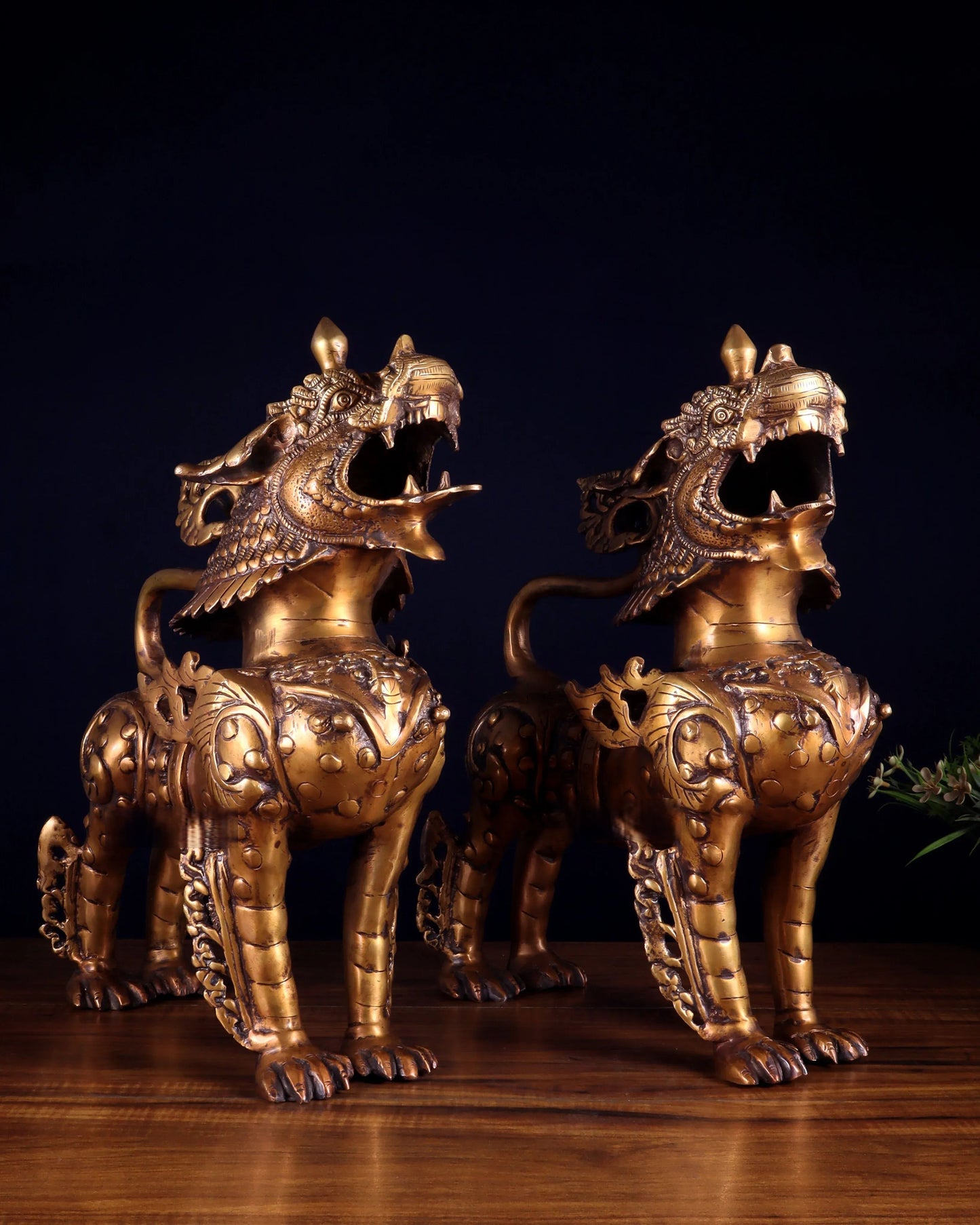 Brassaura™ Pair of Tibetan Snow Lion Statues in Vintage Brass | Handcrafted Himalayan Décor | Total Weight 40 Kgs | Height 14.5 Inches