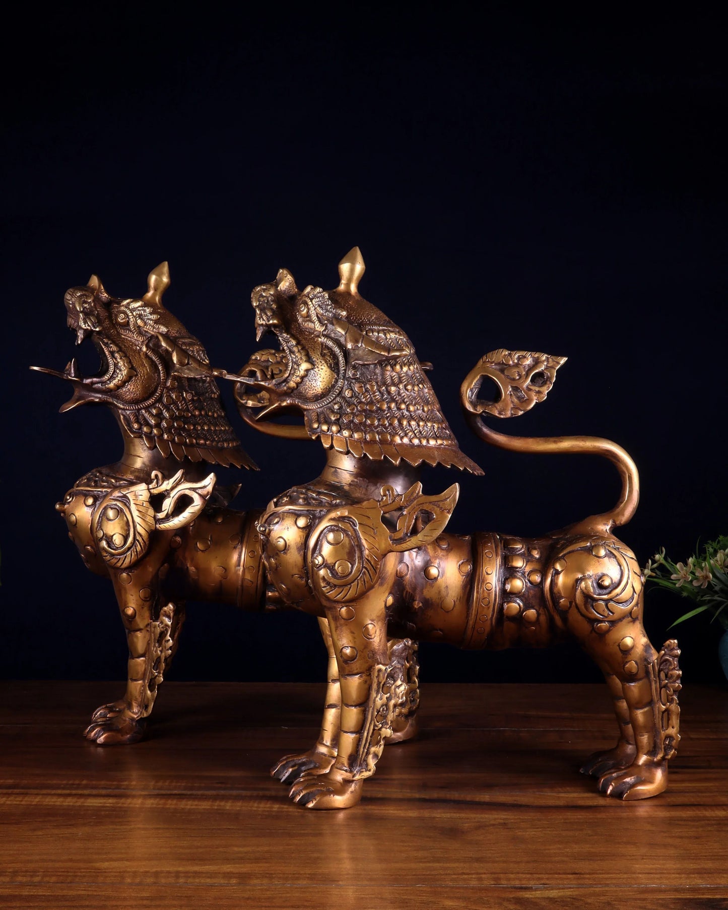 Brassaura™ Pair of Tibetan Snow Lion Statues in Vintage Brass | Handcrafted Himalayan Décor | Total Weight 40 Kgs | Height 14.5 Inches
