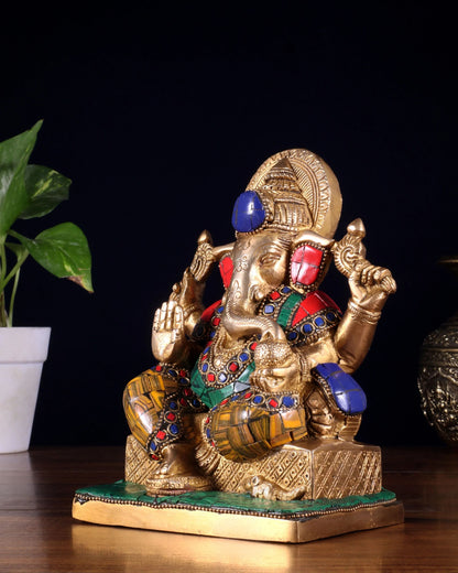 Brassaura™ Brass Lord Ganesha Idol with Stonework | Height 7.5 Inches & Weight 2.5 Kgs