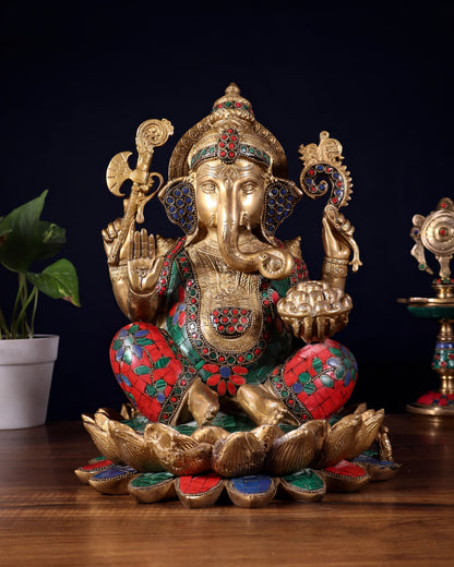 Brassaura™ Brass Ganapati Seated on Lotus with Meenakari Stonework | Height 12 Inches & Weight 10 Kgs