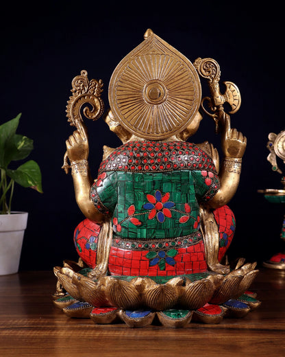 Brassaura™ Brass Ganapati Seated on Lotus with Meenakari Stonework | Height 12 Inches & Weight 10 Kgs