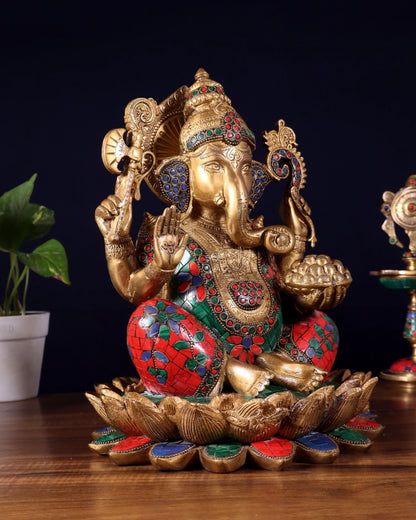 Brassaura™ Brass Ganapati Seated on Lotus with Meenakari Stonework | Height 12 Inches & Weight 10 Kgs