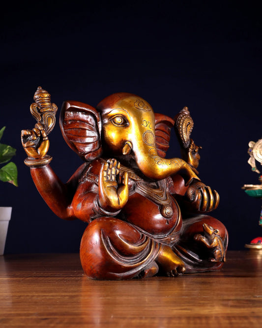 Brassaura™ Large Brass Appu Ganesha Statue with Copper Finish | Height 11 Inches & Weight 6.5 Kgs