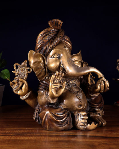Brassaura™ Brass Ganesha Idol with Pagadi Turban | Height 13.5 Inches & Weight 14 Kgs