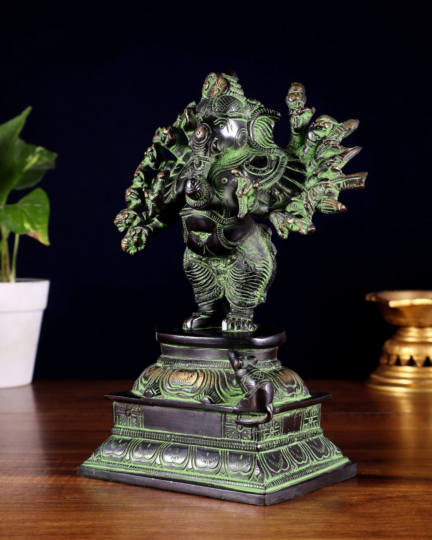 Brassaura™ Superfine Brass Standing Lord Ganesha Idol with 16 Arms | Height 8.5 Inches & Weight 2.8 Kgs