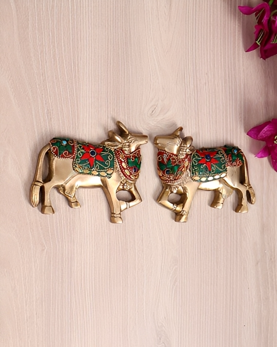 Brassaura® Brass Kamdhenu Cow Wall Hanging Pair | Height 5 Inches