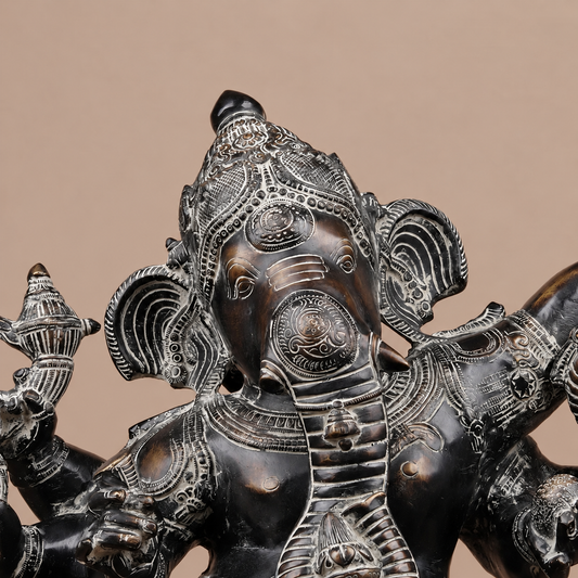 Brassaura® Dancing Ganesha Idol with Black & Silver Antique Finish | Pure Superfine Brass Handcrafted Murti | Brass Statue for Home Temple, Pooja Room | Height 30 Inches | Weight 34.24 Kgs