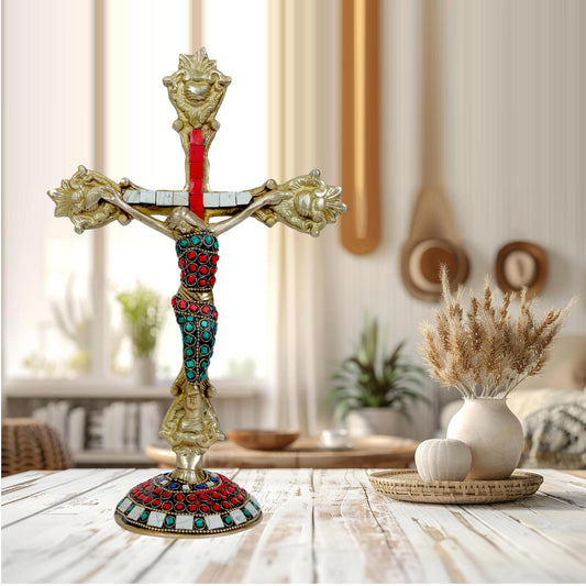 Holy Gem Stone Work Cross Jesus Christ Brass Idol for Home Living Weight 900 Gram Height 33 cm