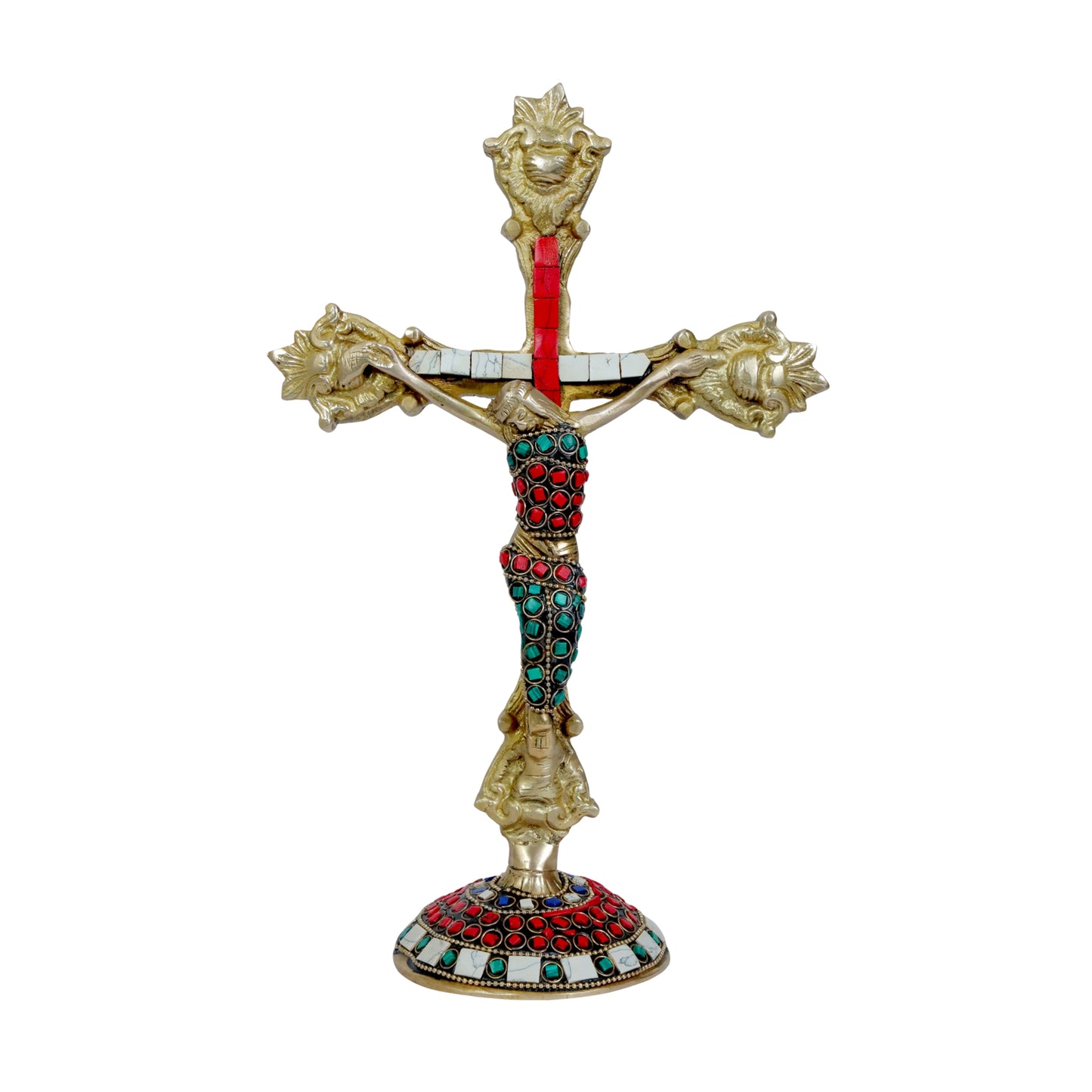 Holy Gem Stone Work Cross Jesus Christ Brass Idol for Home Living Weight 900 Gram Height 33 cm