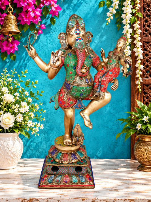 Brassaura® भगवान गणेश और देवी लक्ष्मी पीतल की जड़ाऊ काम वाली मूर्ति | ऊंचाई 65 इंच और वजन 161.21 किलोग्राम