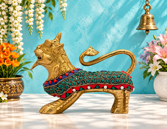 Brassaura® Brass Chinese Lion Idol with Gem Stone Work | Handcrafted Guardian Showpiece | Height 4.7 Inches & Weight 2 Kgs