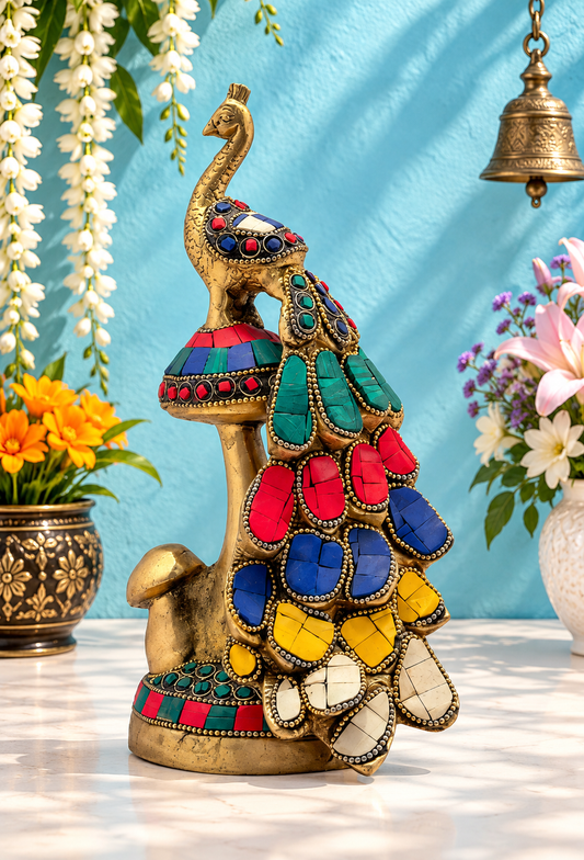 Brassaura® Brass Peacock Idol with Gem Stone Work | Handcrafted Decorative Showpiece | Height 8.7 Inches & Weight 1.7 Kgs