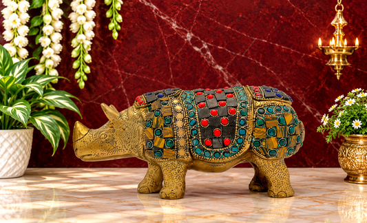 Brassaura® Brass Rhino Idol with Gem Stone Work | Handcrafted Decorative Showpiece | Height 3.5 Inches & Weight 1.3 Kgs