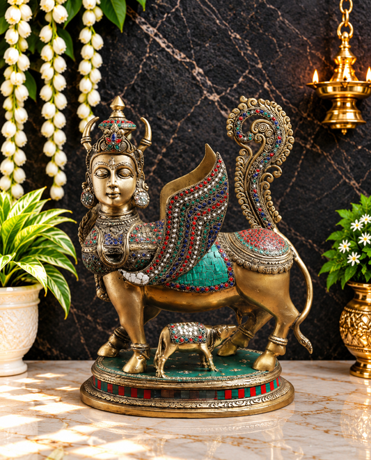 ब्रासुर™ ब्रास रत्न स्टोन वर्क कामधेनु गाय और बछड़े की मूर्ति – ऊंचाई 16 इंच और वजन 13.5 किलोग्राम | हस्तनिर्मित पूजा मूर्तिकला