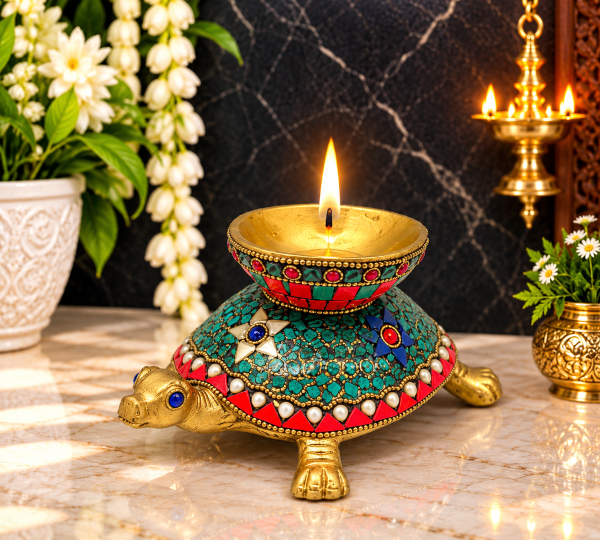 Brassaura® Brass Turtle Diya with Gemstone Work with Gemstone Inlay Finish | Pure Superfine Brass Handcrafted Murti | Brass Statue for Home Temple, Pooja Room | Height 3.1 Inches | Weight 1.4 Kgs