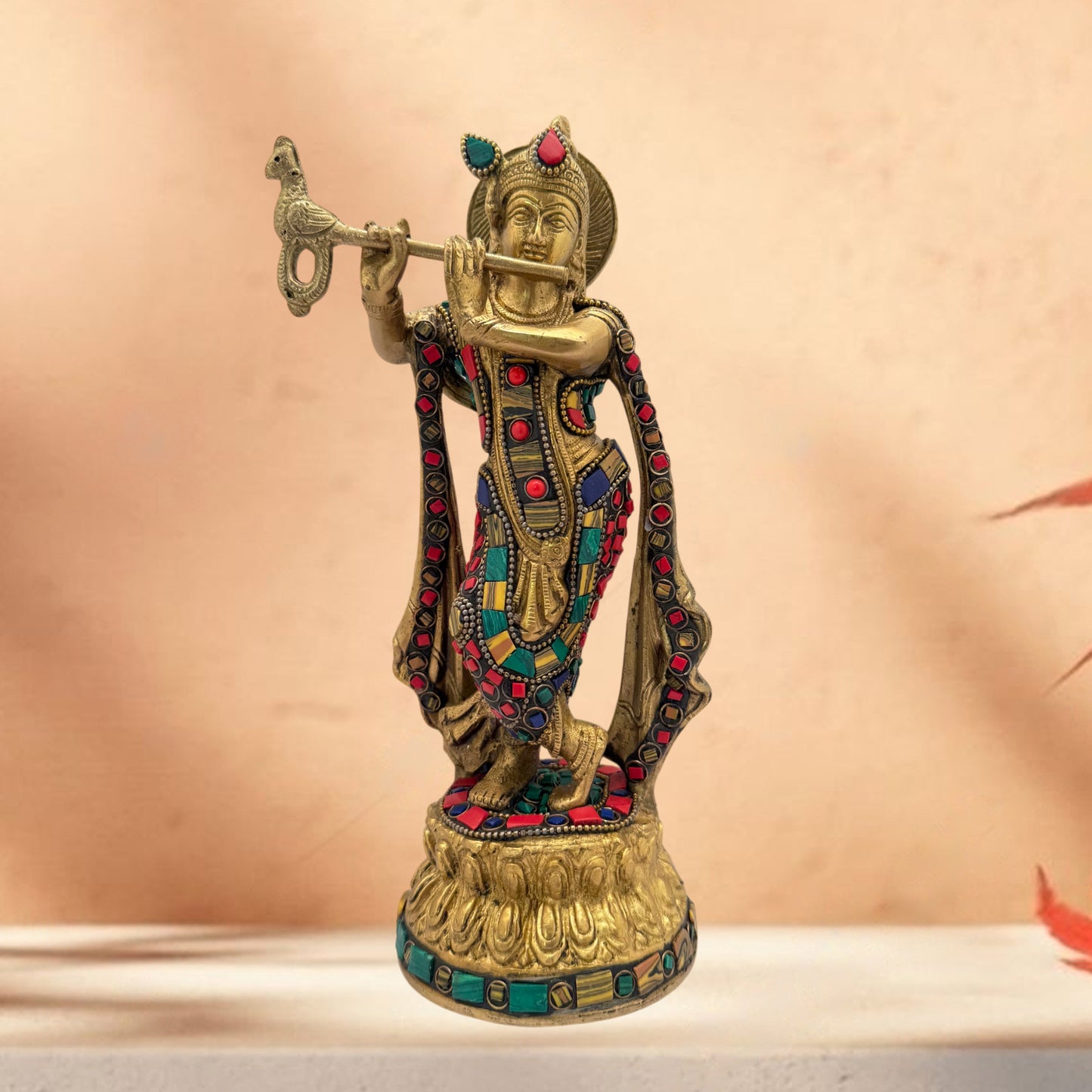 Brass Lord Krishna Statue Playing Flute On Round Double Lotus Base Height 13 cm Weight 2.2 Kg