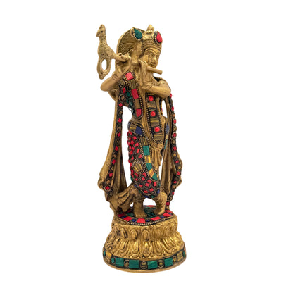 Brass Lord Krishna Statue Playing Flute On Round Double Lotus Base Height 13 cm Weight 2.2 Kg