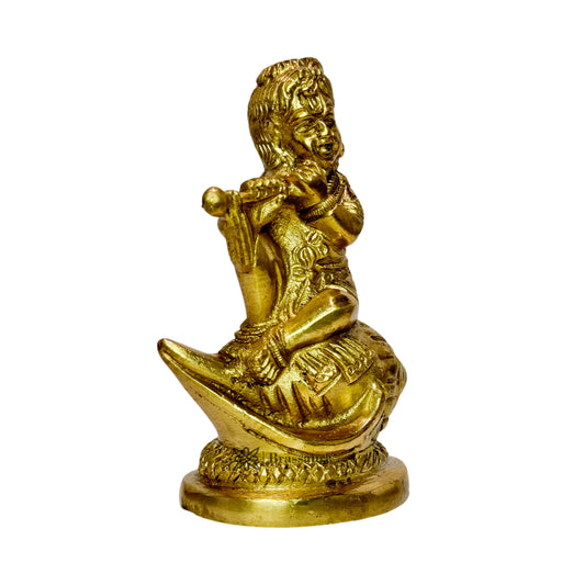 Brassaura® Krishna Seated Playing Flute Idol with Golden Finish | Pure Superfine Brass Handcrafted Murti | Brass Statue for Home Temple, Pooja Room | Height 9 Inches | Weight 1.8 Kgs