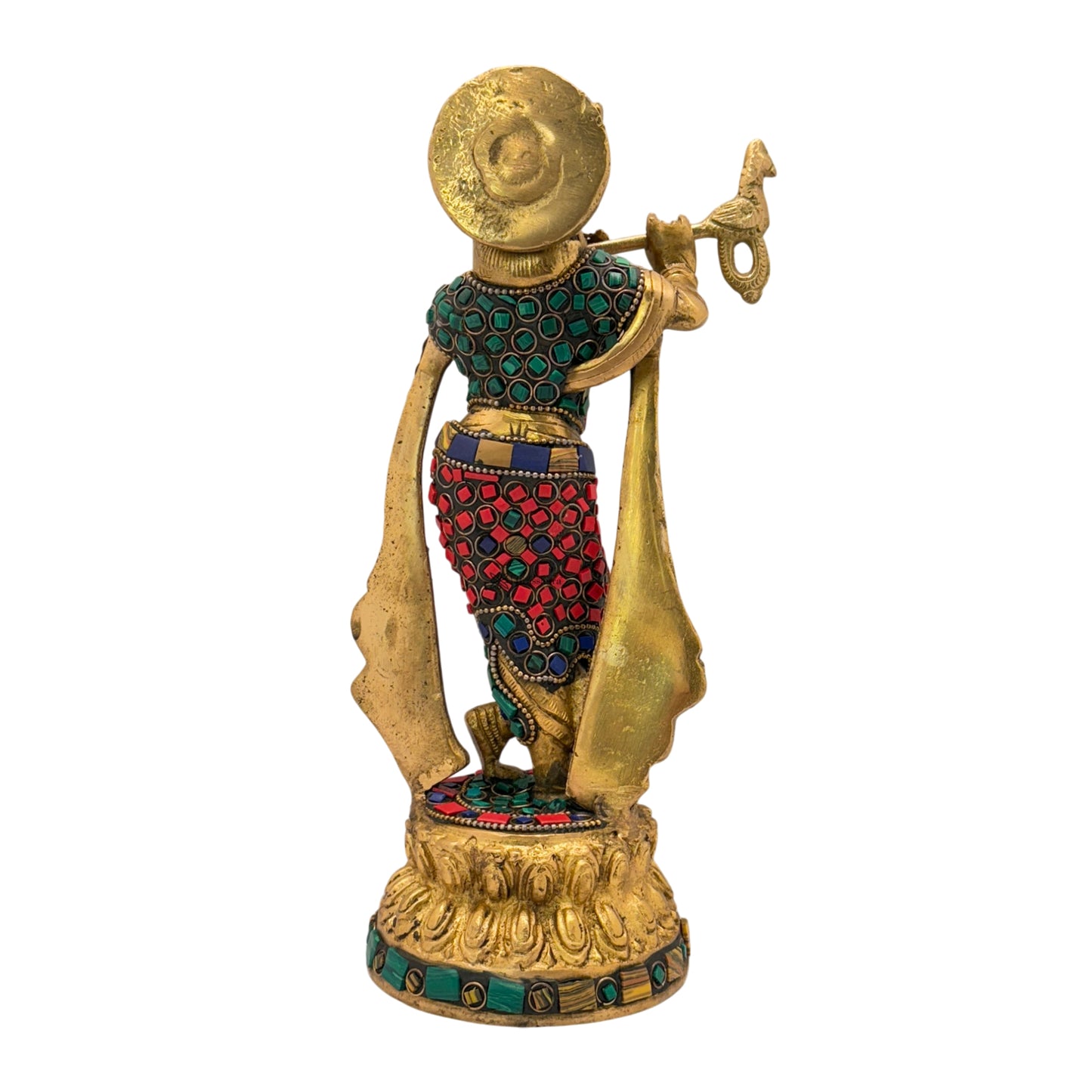 Brass Lord Krishna Statue Playing Flute On Round Double Lotus Base Height 13 cm Weight 2.2 Kg