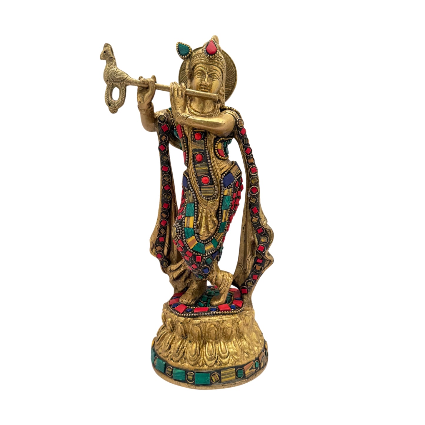 Brass Lord Krishna Statue Playing Flute On Round Double Lotus Base Height 13 cm Weight 2.2 Kg