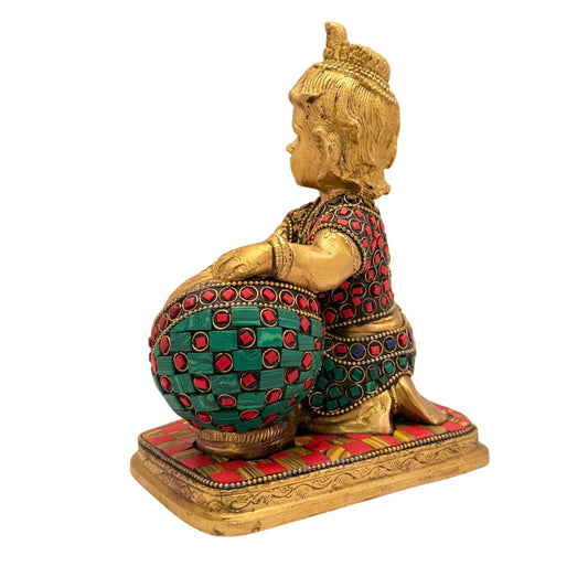Brassaura® Bal Krishna with Butter Pot, Makhan Leela Seated Pose, Multicolor Gemstone Work Gold Finish | Pure Superfine Brass Handcrafted Murti | Brass Statue for Home Temple, Pooja Room | Height 6.5 Inches | Weight 1.4 Kgs