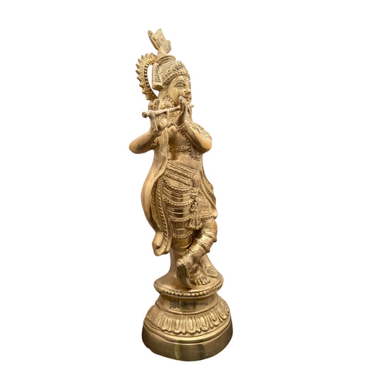 Brassaura® Lord Krishna Playing Flute, Graceful Standing Pose, Classic Brass Finish | Pure Superfine Brass Handcrafted Murti | Brass Statue for Home Temple, Pooja Room | Height 16.14 Inches | Weight 5 Kgs