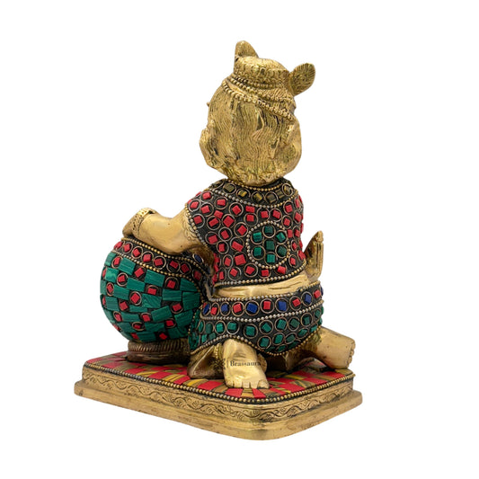 Brassaura® Bal Krishna Playing with Butter Pot, Seated Pose, Multicolor Gemstone Work Gold Finish | Pure Superfine Brass Handcrafted Murti | Brass Statue for Home Temple, Pooja Room | Height 7.87 Inches | Weight 2.5 Kgs