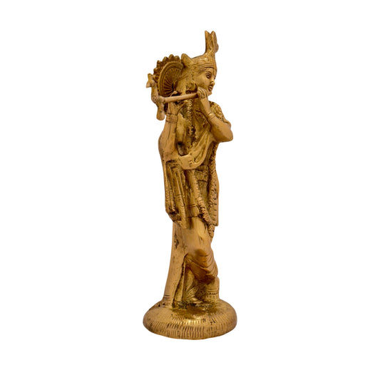 Brassaura® Krishna Playing Flute Idol with Golden Finish | Pure Superfine Brass Handcrafted Murti | Brass Statue for Home Temple, Pooja Room | Height 11 Inches | Weight 1.5 Kgs