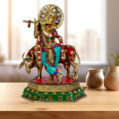 Brass Gem Stone Krishna Statue for Home and Decor Height 34 cm Weight 4.95 Kg