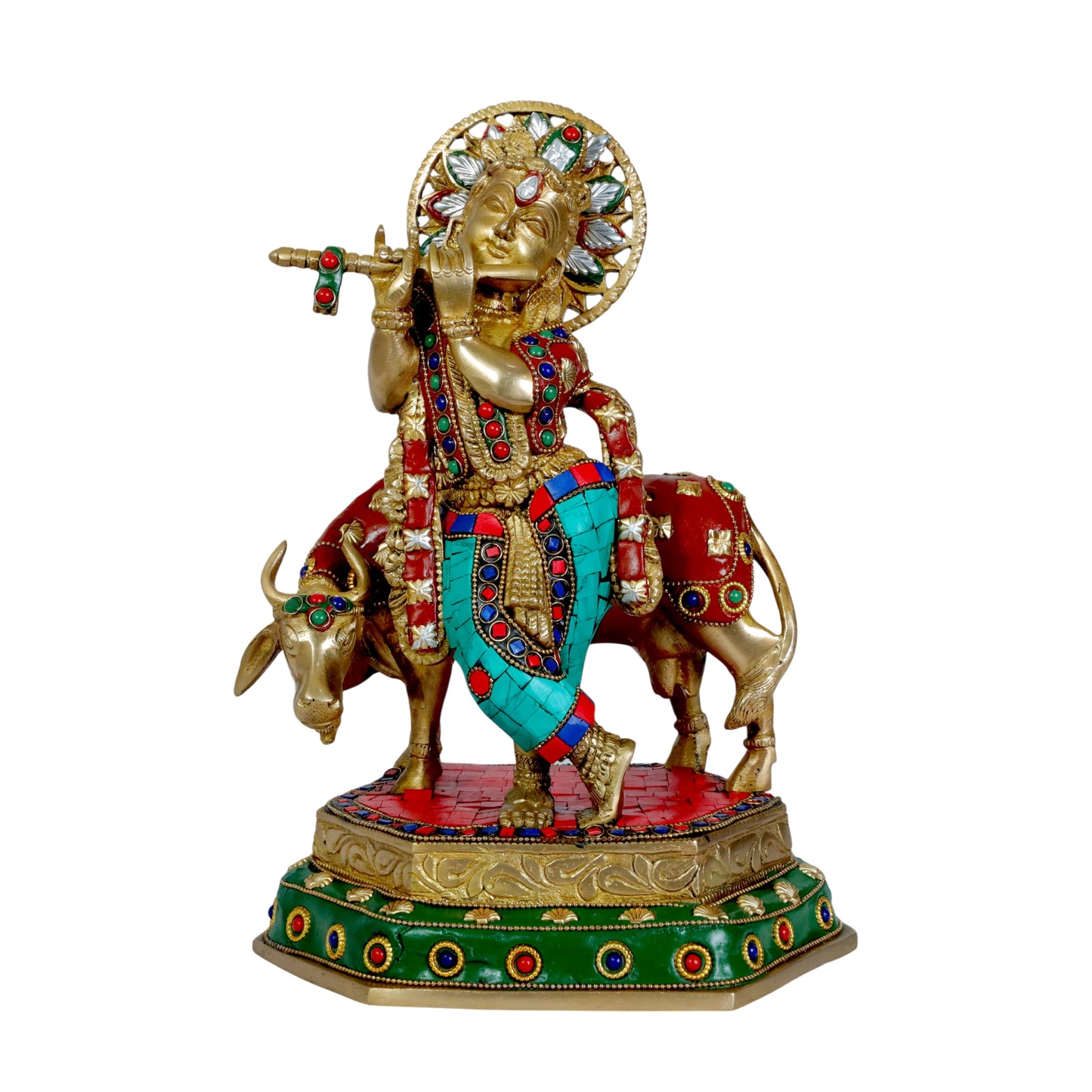 Brass Gem Stone Krishna Statue for Home and Decor Height 34 cm Weight 4.95 Kg