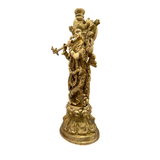 Brassaura® Krishna Playing Flute Idol with Golden Finish | Pure Superfine Brass Handcrafted Murti | Brass Statue for Home Temple, Pooja Room | Height 16 Inches | Weight 4.5 Kgs