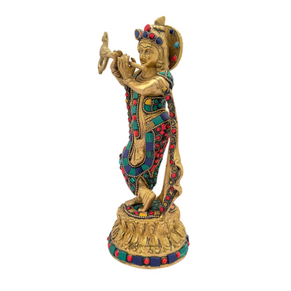 Brass Gem Stone Work Krishna Bhagwan Idol Murli Kishan Murti Height 28 cm Weight 2.2 Kg