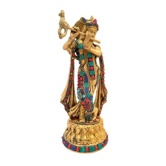 Brassaura® Lord Krishna Playing Flute, Graceful Standing Pose with Multicolor Stone Work, Antique Gold Finish | Pure Superfine Brass Handcrafted Murti | Brass Statue for Home Temple, Pooja Room | Height 11.02 Inches | Weight 2.2 Kgs