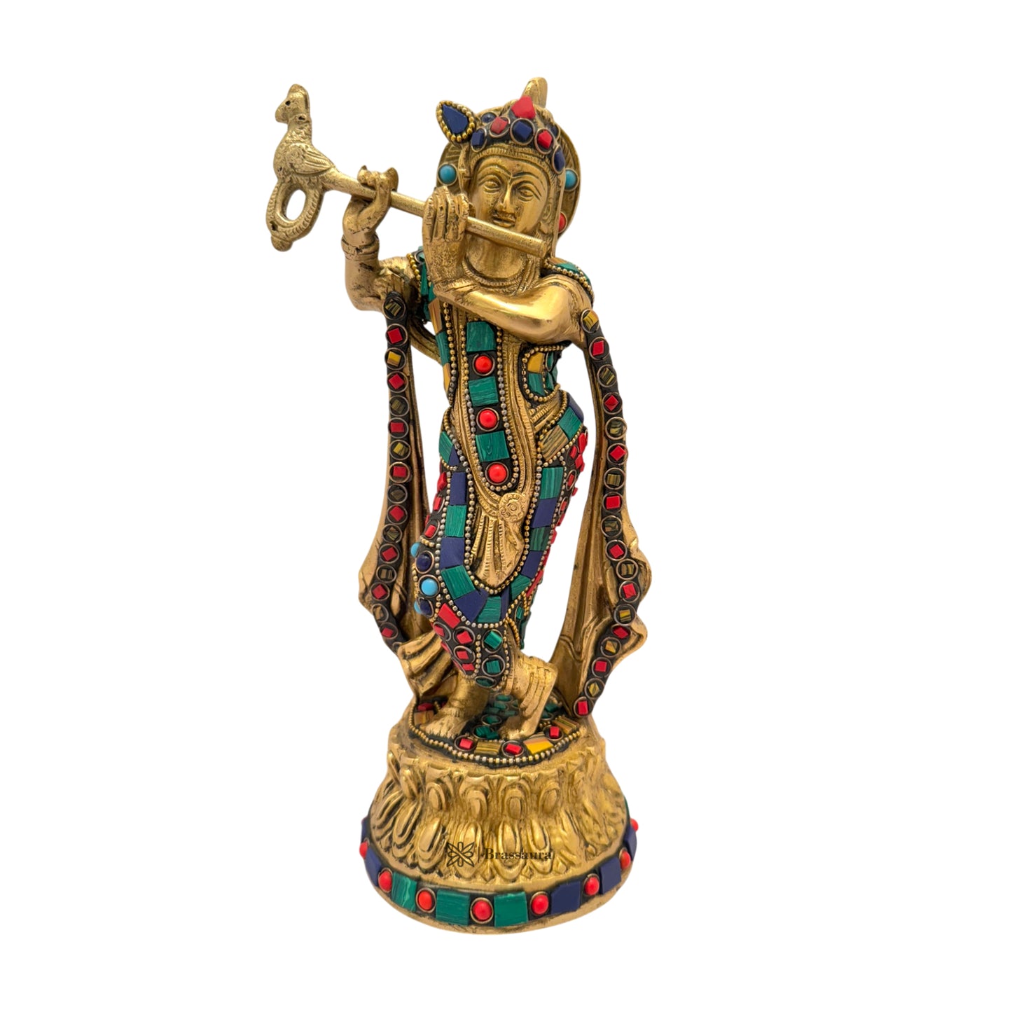 Brass Gem Stone Work Krishna Bhagwan Idol Murli Kishan Murti Height 28 cm Weight 2.2 Kg