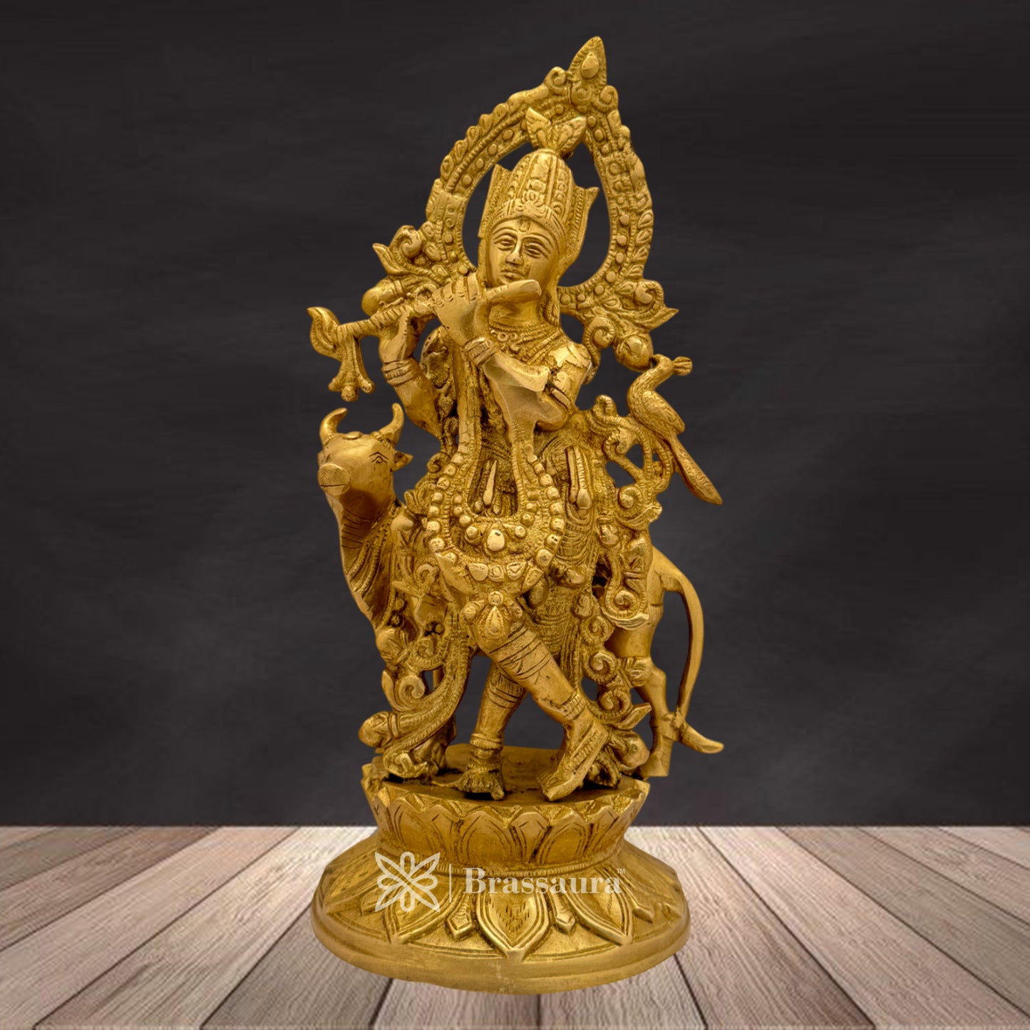 Brass Krishna with Cow Idol for Home and Decor Weight 3.8 Kg Height 31 cm