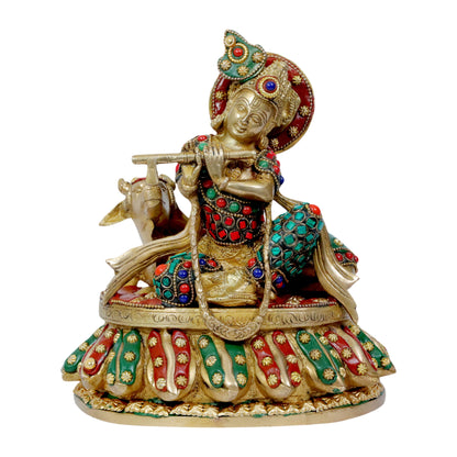 Brass Gem Stone Work Krishna with Cow Statue for Home and Decor Height 26 cm Weight 3.3 Kg