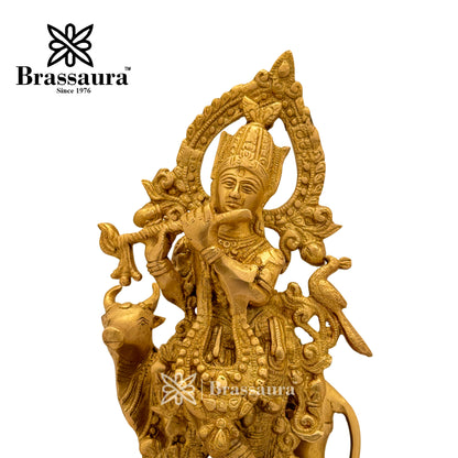 Brass Krishna with Cow Idol for Home and Decor Weight 3.8 Kg Height 31 cm