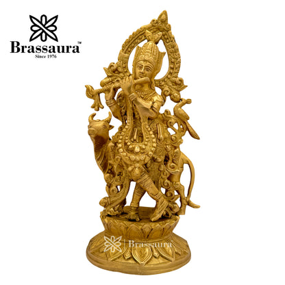 Brass Krishna with Cow Idol for Home and Decor Weight 3.8 Kg Height 31 cm