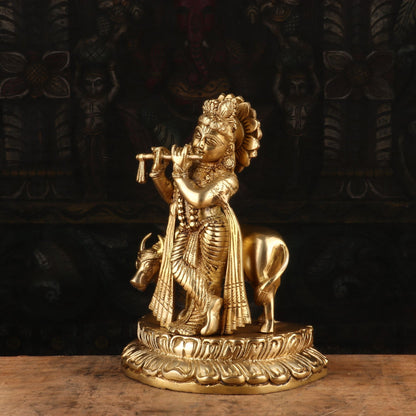 Brass Royal Golden Cow & Krishna Weight 3.3 Kg And Height 9.4 Inch