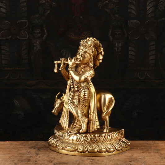 Brass Royal Golden Cow & Krishna Weight 3.3 Kg And Height 9.4 Inch