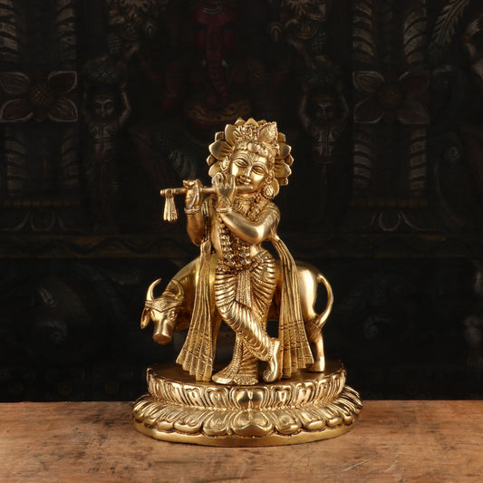 Brassaura® Lord Krishna Playing Flute with Cow Idol with Polished Finish | Pure Superfine Brass Handcrafted Murti | Brass Statue for Home Temple, Pooja Room, Spiritual Décor & Luxury Gifting | Height 9.4 Inches | Weight 3.3 Kg