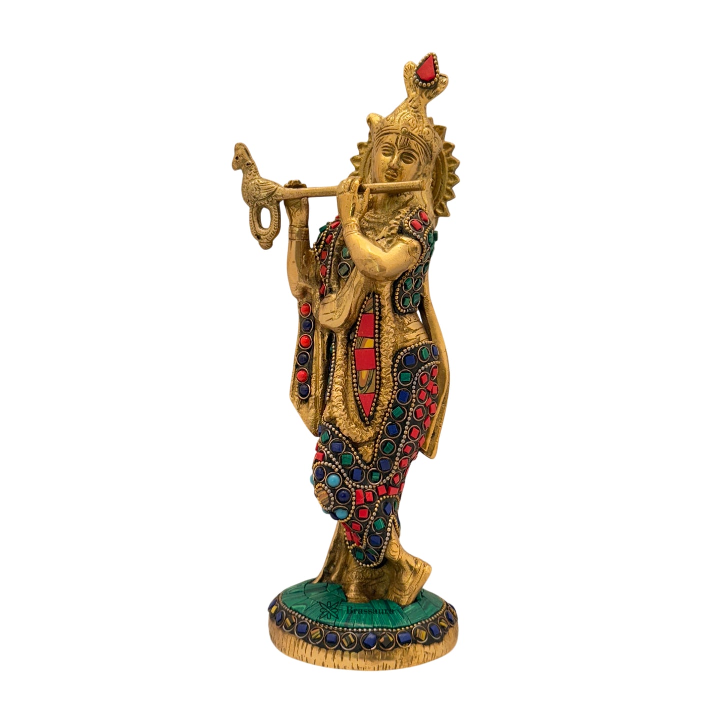 Brass Krishna Gem Stone Work Idol 10 Inches Height, 1.7 Kg