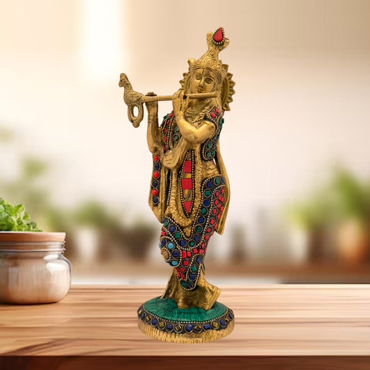 Brass Krishna Gem Stone Work Idol 10 Inches Height, 1.7 Kg