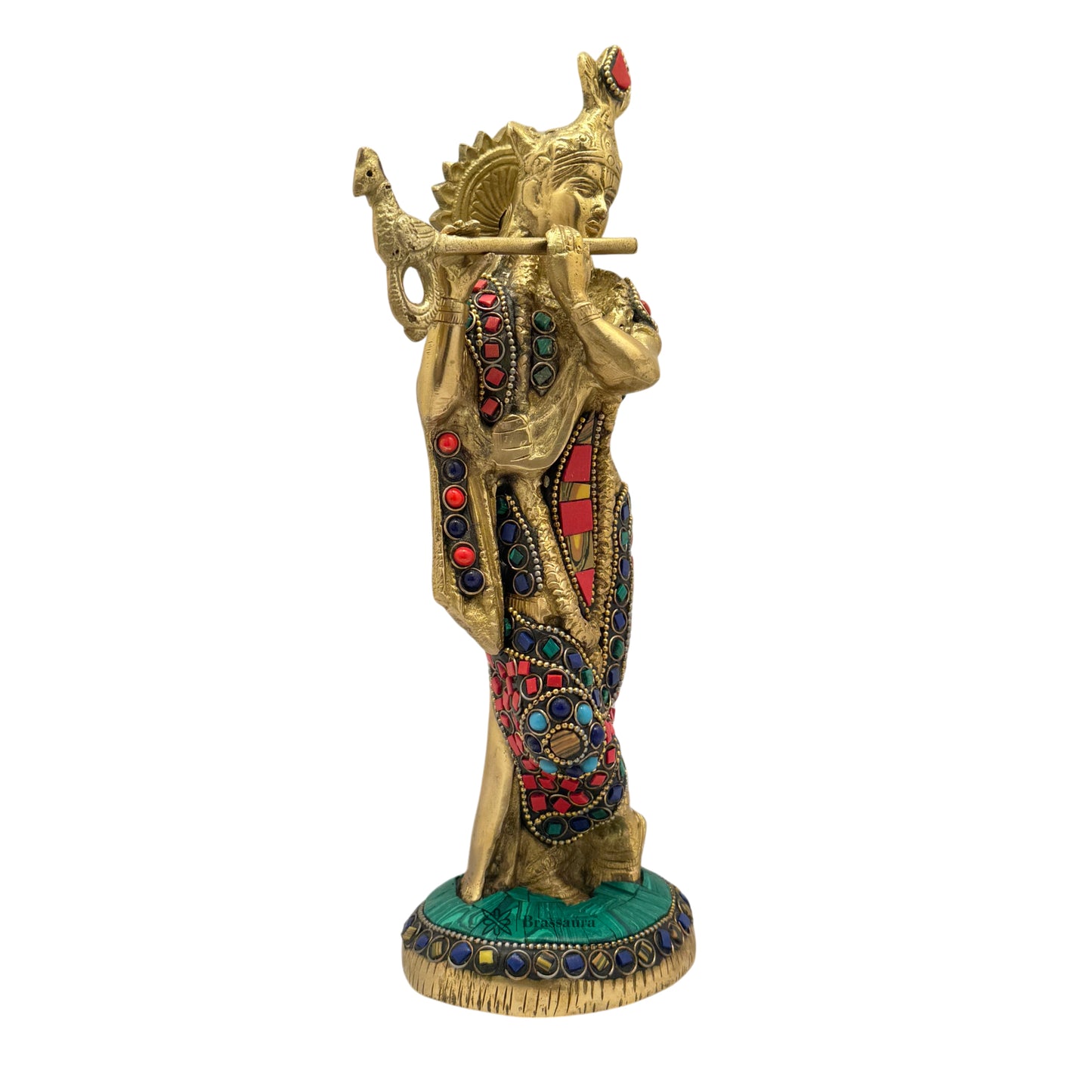 Brass Krishna Gem Stone Work Idol 10 Inches Height, 1.7 Kg