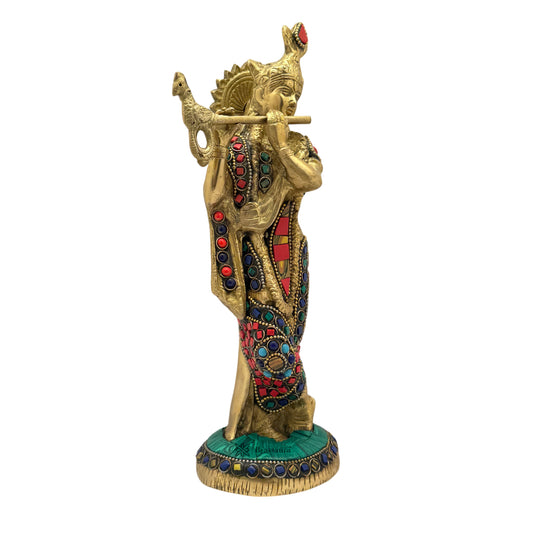 Brassaura® Krishna Playing Flute Idol with Multicolor Stone Work, Premium Gold Finish | Pure Superfine Brass Handcrafted Murti | Brass Statue for Home Temple, Pooja Room | Height 10 Inches | Weight 1.7 Kgs