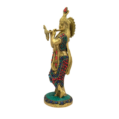 Brass Krishna Gem Stone Work Idol 10 Inches Height, 1.7 Kg