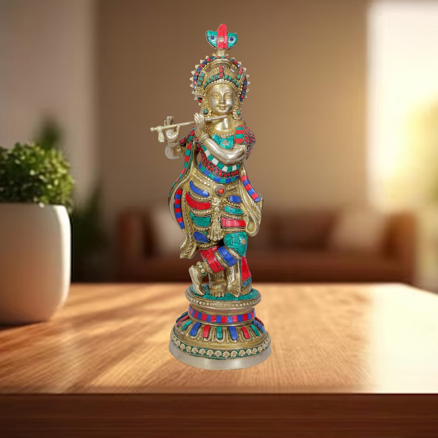 Brass Gem Stone Krishna Statue for Home and Decor Height 56 cm Weight 6.28 Kg